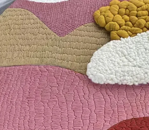 Arched Tufted Landscape Textile Art in rose stone — detail