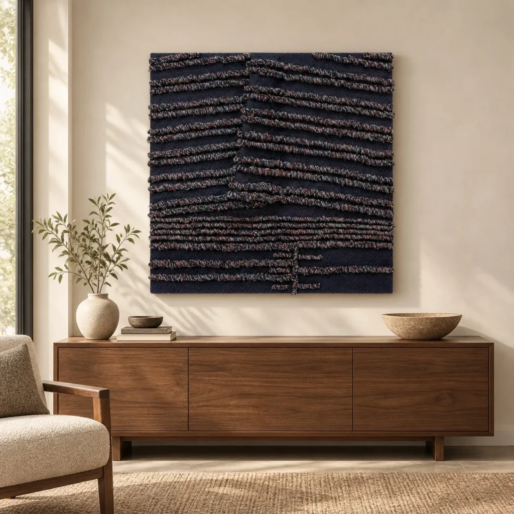 Navy Woven Stripe Textile Relief, 100 x 100 cm in blue — front view