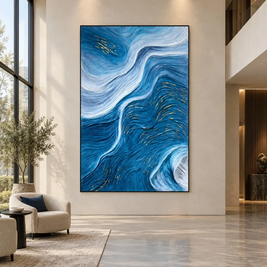 Tall Blue Wave Relief with Gold Threads, 160 x 240 cm in blue — front view