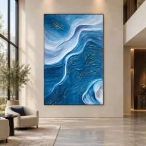 Tall Blue Wave Relief with Gold Threads, 160 x 240 cm in blue — front view