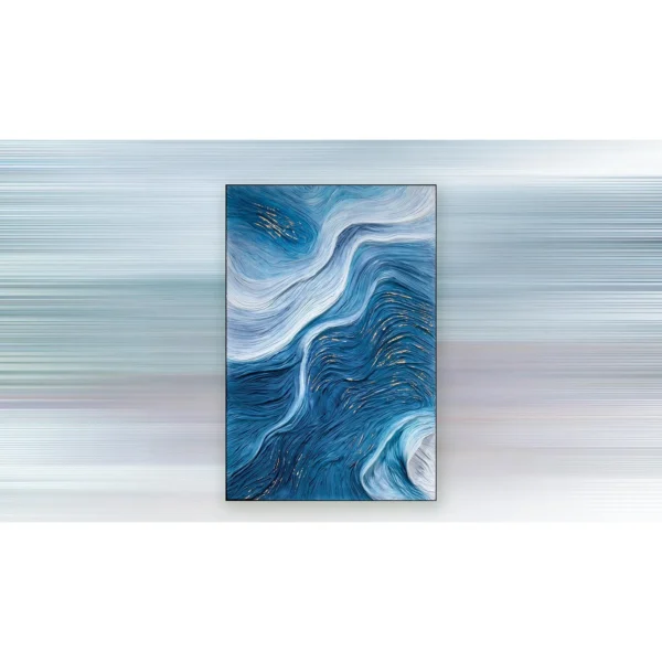 Tall Blue Wave Relief with Gold Threads, 160 x 240 cm in blue — in a room setting