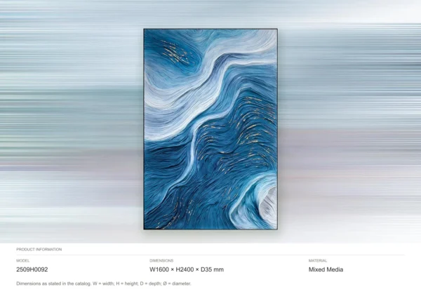 Tall Blue Wave Relief with Gold Threads, 160 x 240 cm in blue — dimensions