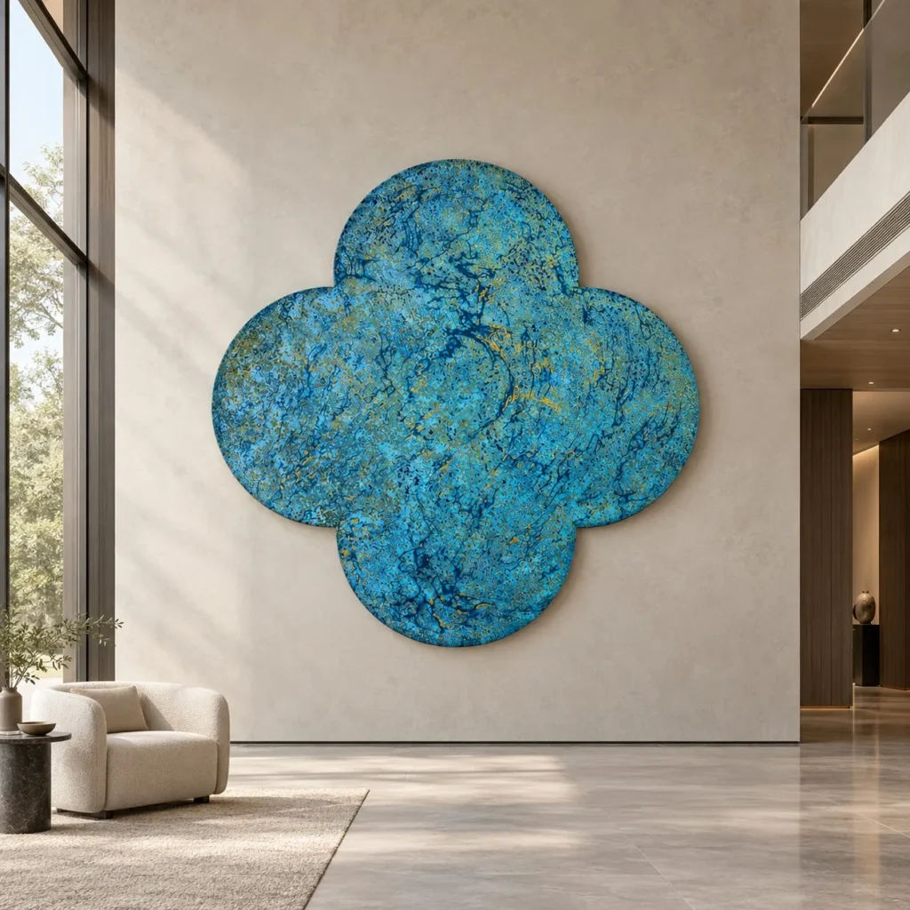 Quatrefoil Turquoise Patina Relief, 195 x 195 cm in blue — front view