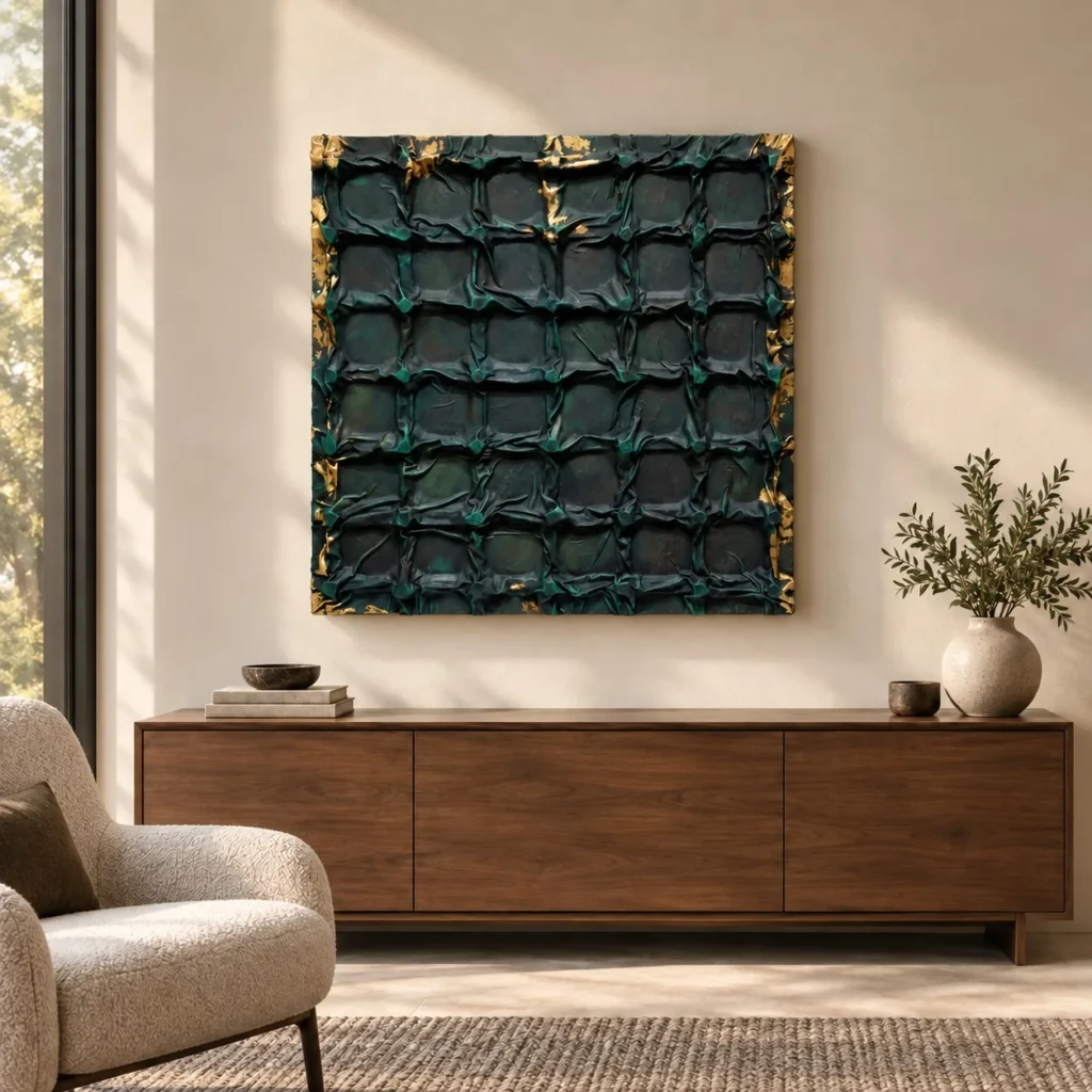 Teal Quilted Grid Relief with Gold Edges, 100 x 100 cm in blue — front view