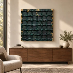 Teal Quilted Grid Relief with Gold Edges, 100 x 100 cm in blue — front view