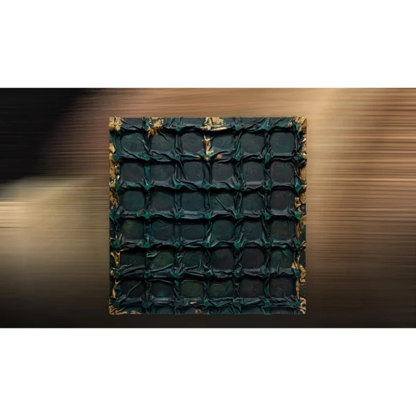 Teal Quilted Grid Relief with Gold Edges, 100 x 100 cm in blue — in a room setting