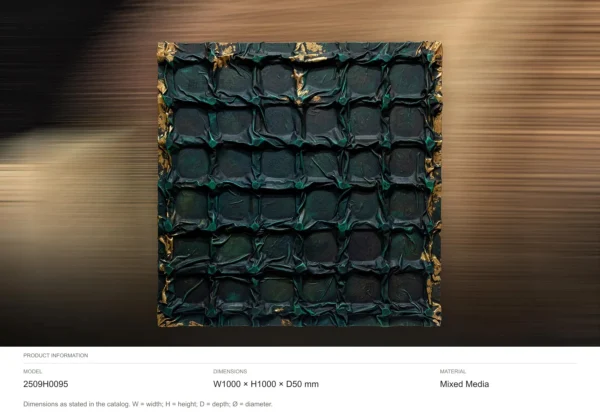 Teal Quilted Grid Relief with Gold Edges, 100 x 100 cm in blue — dimensions