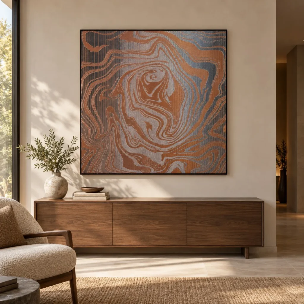 Marbled Copper and Blue Swirl Panel, 120 x 120 cm in bronze — front view