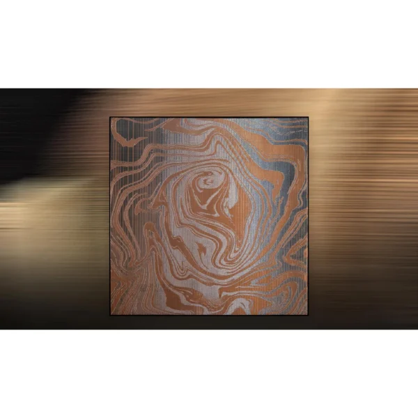 Marbled Copper and Blue Swirl Panel, 120 x 120 cm in bronze — in a room setting