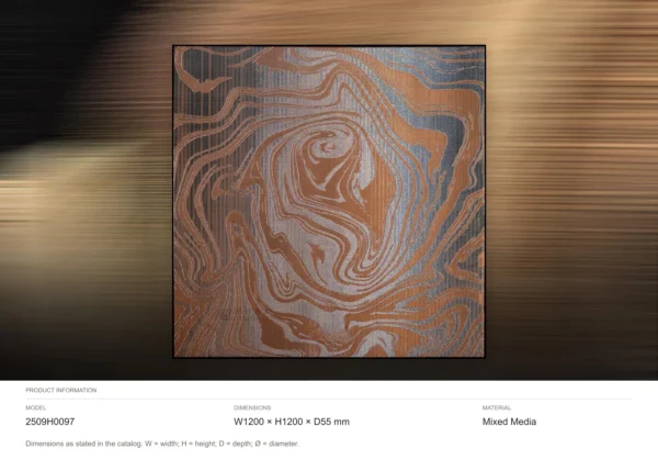Marbled Copper and Blue Swirl Panel, 120 x 120 cm in bronze — dimensions