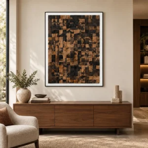Wood Block Mosaic in Black Frame, 80 x 105 cm — front view