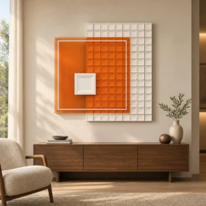 Orange Square on White Grid Relief, 100 x 100 cm in rust — front view