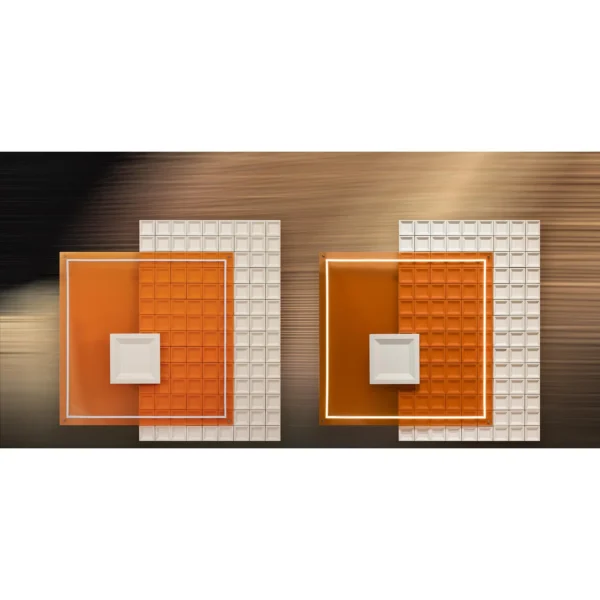 Orange Square on White Grid Relief, 100 x 100 cm in rust — in a room setting