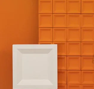 Orange Square on White Grid Relief, 100 x 100 cm in rust — detail