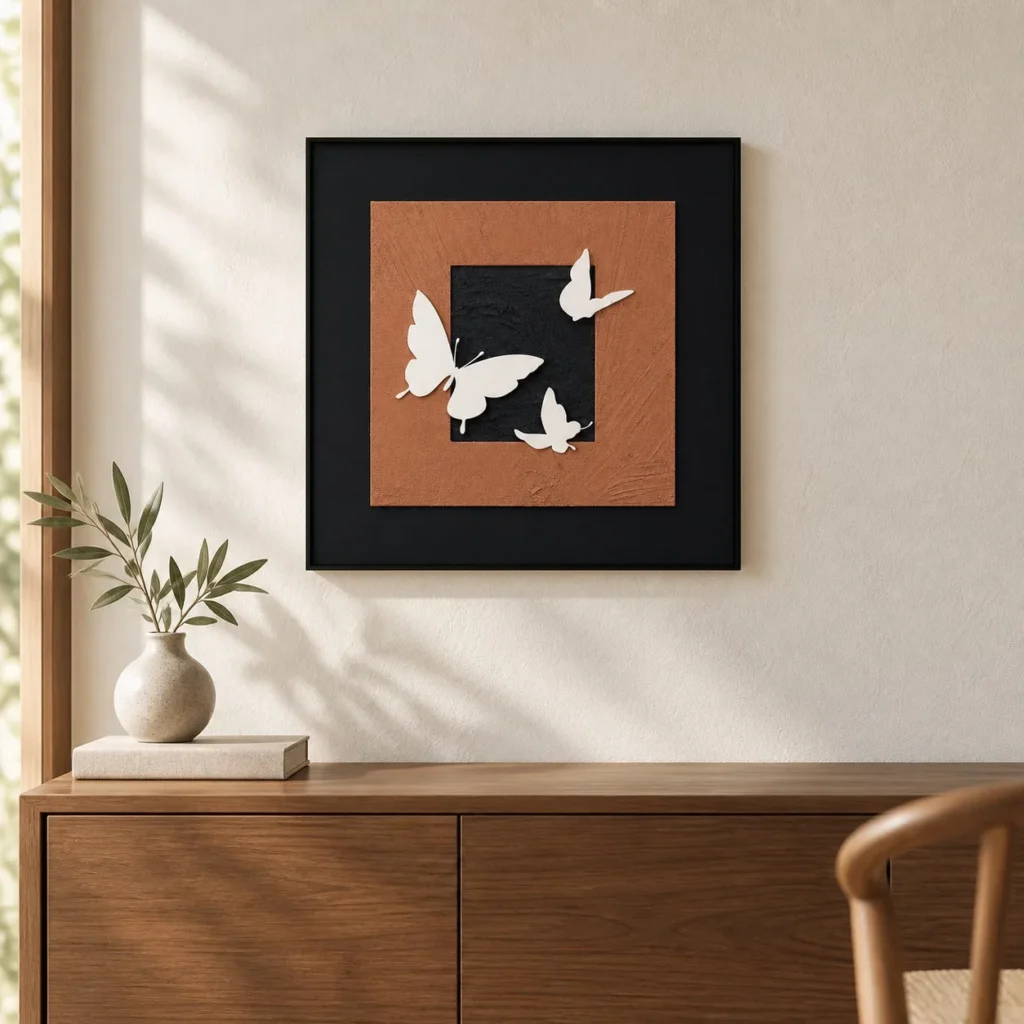 White Butterflies on Black in Terracotta Mount, 55 x 50 cm — front view