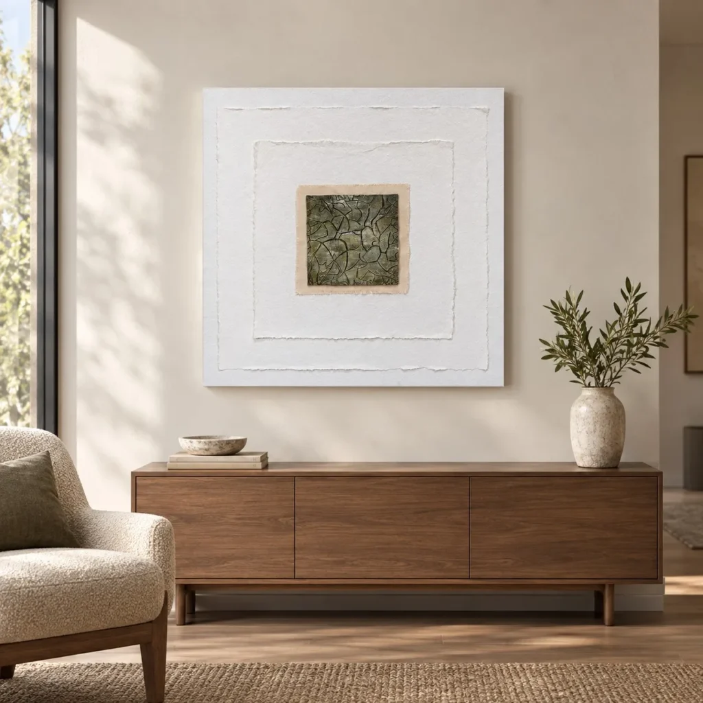 Small Crackle Tile in White Plaster Frame, 80 x 80 cm — front view