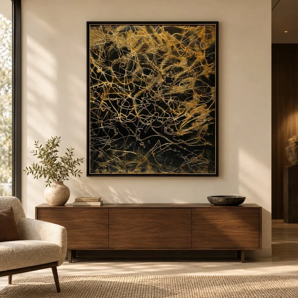 Gold Thread Tangle on Black in Black Frame, 110 x 130 cm — front view