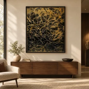 Gold Thread Tangle on Black in Black Frame, 110 x 130 cm — front view