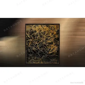 Gold Thread Tangle on Black in Black Frame, 110 x 130 cm — in a room setting