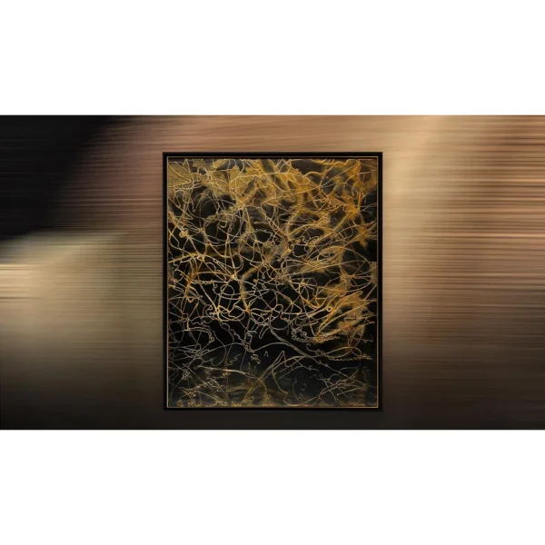 Gold Thread Tangle on Black in Black Frame, 110 x 130 cm — in a room setting