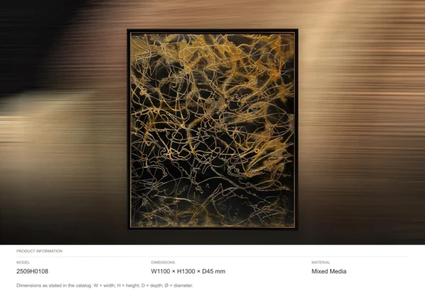 Gold Thread Tangle on Black in Black Frame, 110 x 130 cm — dimensions