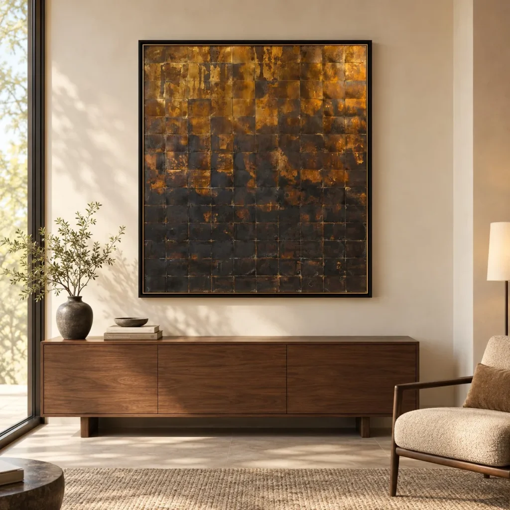 Gold Leaf Tile Gradient in Black Frame, 120 x 135 cm — front view