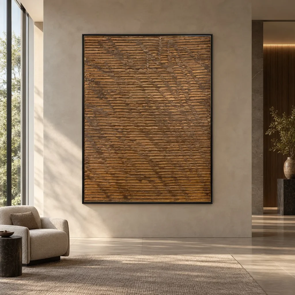 Tall Bronze Ribbed Relief in Black Frame, 160 x 210 cm — front view