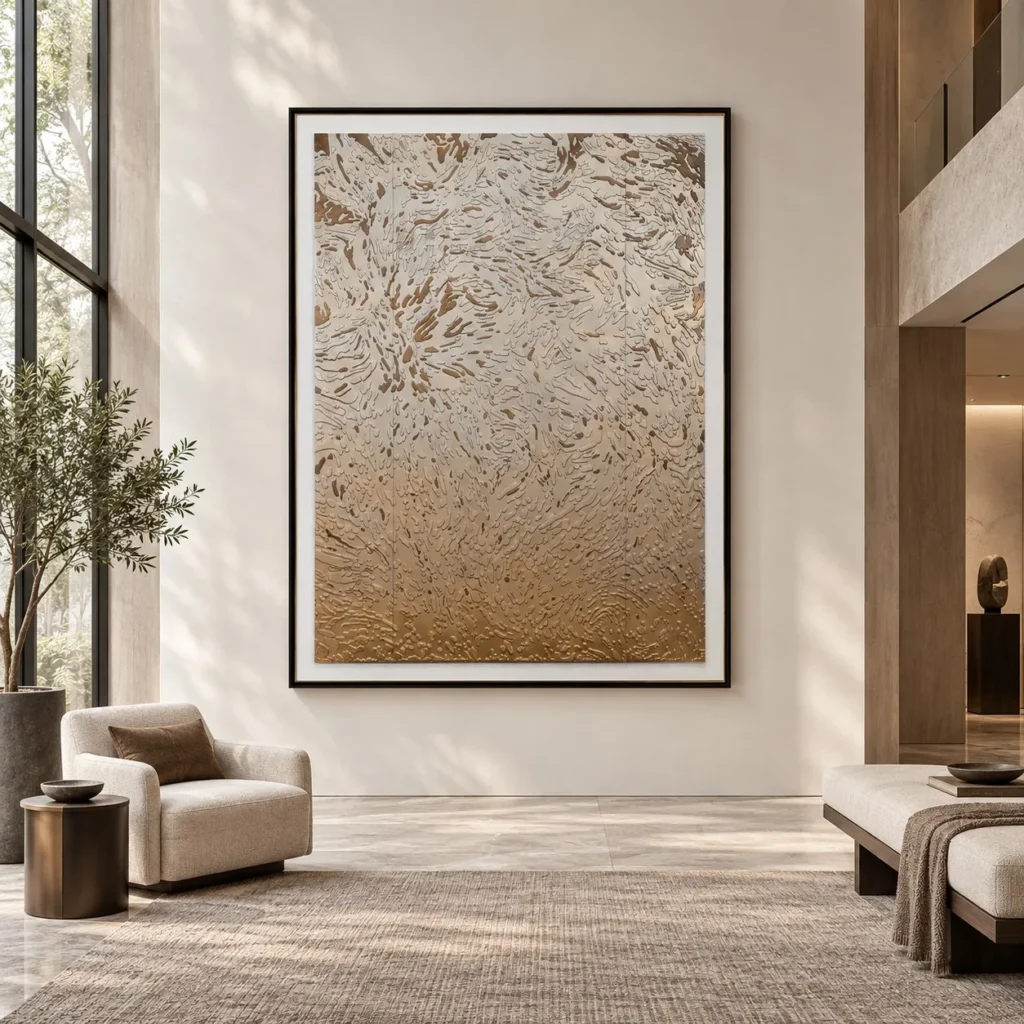 Tall Gold Petal Relief in Black Frame, 160 x 210 cm — front view