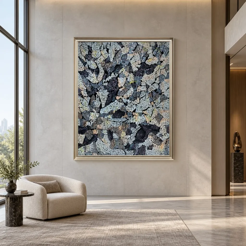 Grey Crackle Mosaic Painting in Silver Frame, 150 x 180 cm — front view