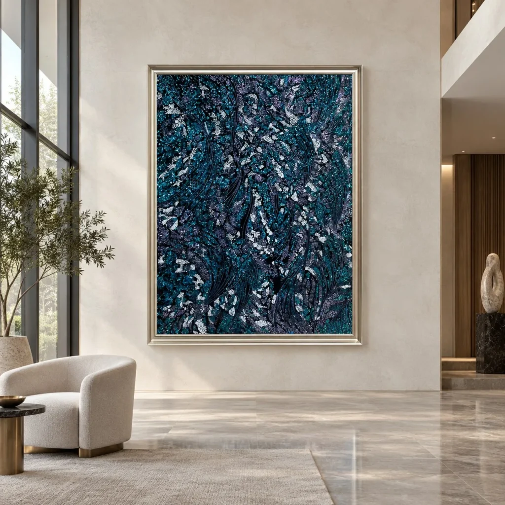 Blue Crackle Mosaic Painting in Silver Frame, 150 x 180 cm — front view