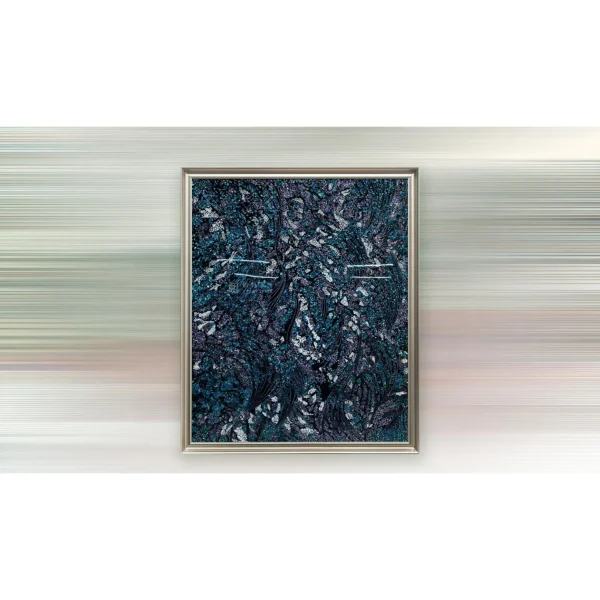 Blue Crackle Mosaic Painting in Silver Frame, 150 x 180 cm — in a room setting