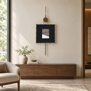 Small Framed Marble Art on Brass Rod with Disc, 60 x 150 cm in black — front view