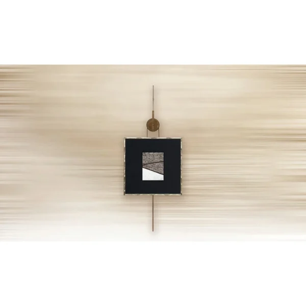 Small Framed Marble Art on Brass Rod with Disc, 60 x 150 cm in black — in a room setting