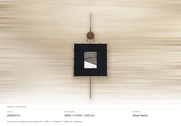 Small Framed Marble Art on Brass Rod with Disc, 60 x 150 cm in black — dimensions
