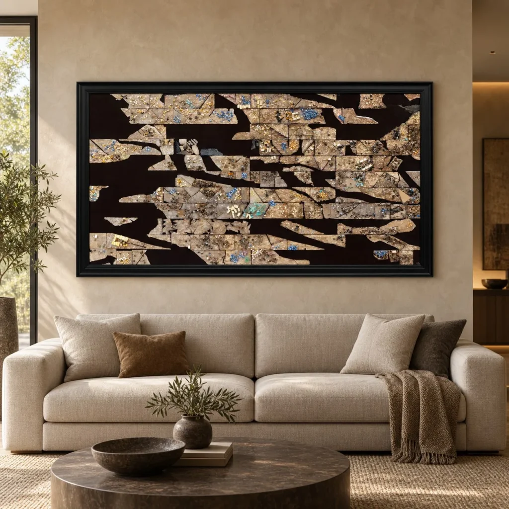 Wide Stone Fragment Mosaic in Black Frame, 180 x 100 cm — front view