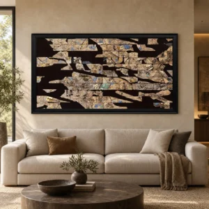 Wide Stone Fragment Mosaic in Black Frame, 180 x 100 cm — front view