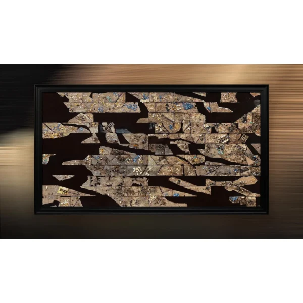 Wide Stone Fragment Mosaic in Black Frame, 180 x 100 cm — in a room setting