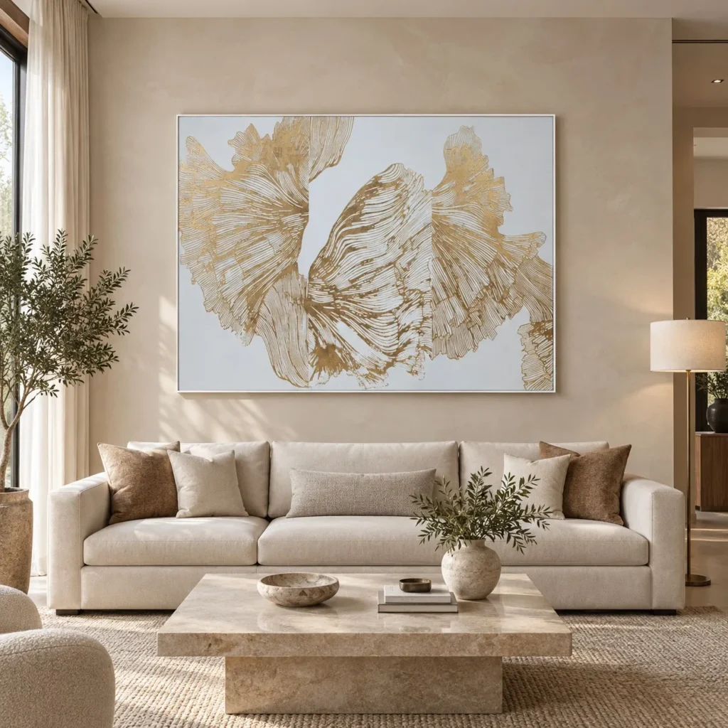 Wide Gold Ginkgo Leaf Relief on White, 160 x 120 cm in brushed brass — front view