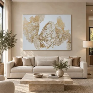 Wide Gold Ginkgo Leaf Relief on White, 160 x 120 cm in brushed brass — front view