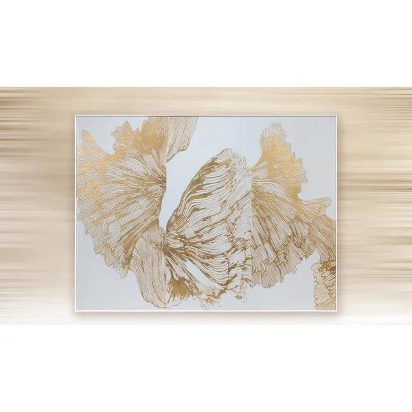 Wide Gold Ginkgo Leaf Relief on White, 160 x 120 cm in brushed brass — in a room setting