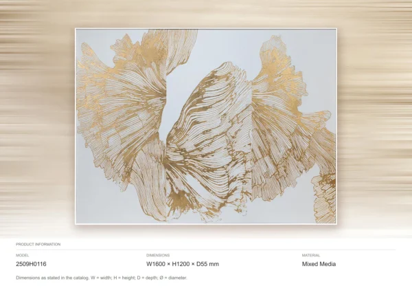 Wide Gold Ginkgo Leaf Relief on White, 160 x 120 cm in brushed brass — dimensions