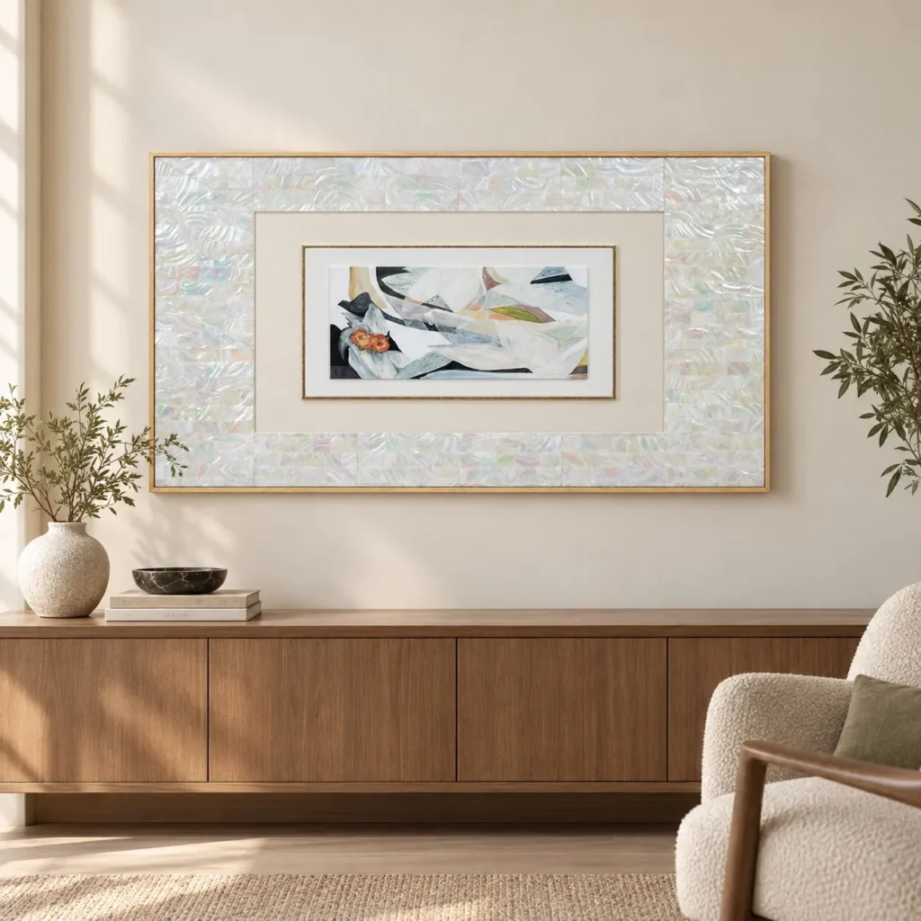 Wide Abstract Print in Mother of Pearl Mosaic Frame, 120 x — front view