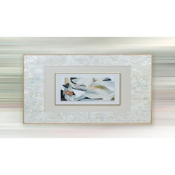 Wide Abstract Print in Mother of Pearl Mosaic Frame, 120 x — in a room setting