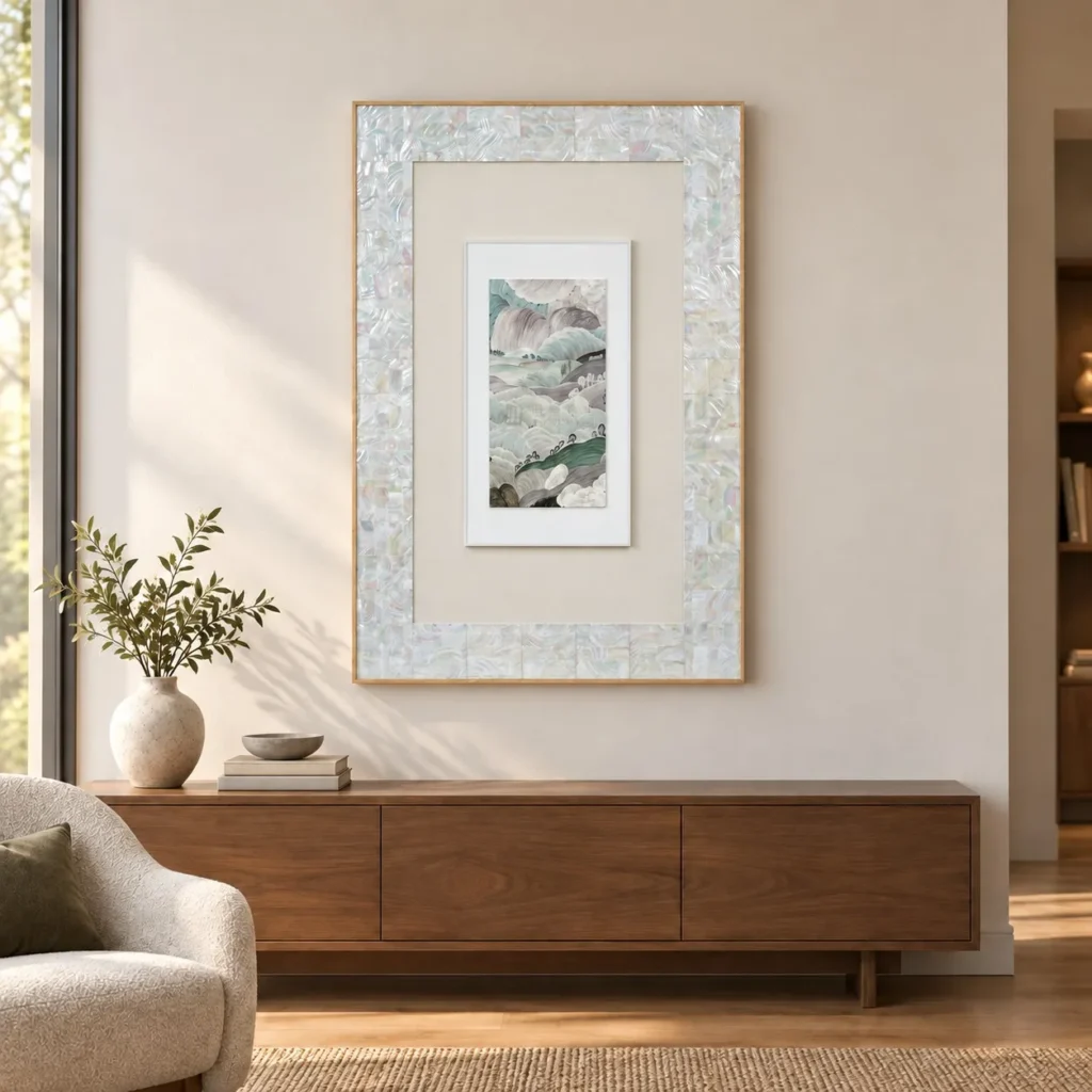 Tall Abstract Print in Mother of Pearl Mosaic Frame, 80 x — front view
