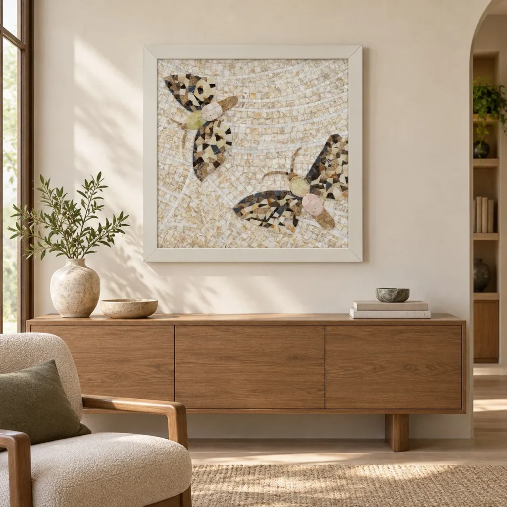 Butterfly Mosaic in White Frame, 100 x 100 cm — front view