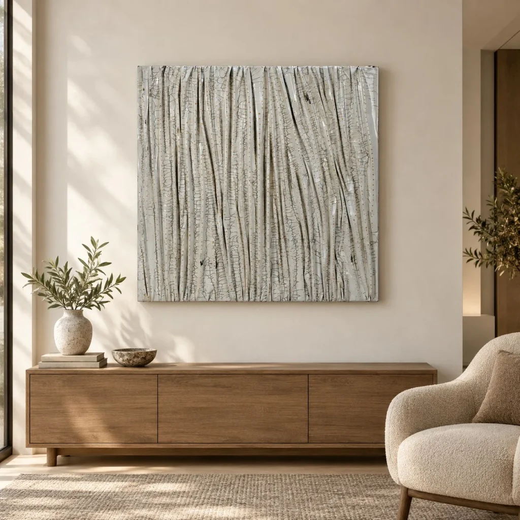 Silver Bark Texture Relief, 100 x 100 cm in silver — front view