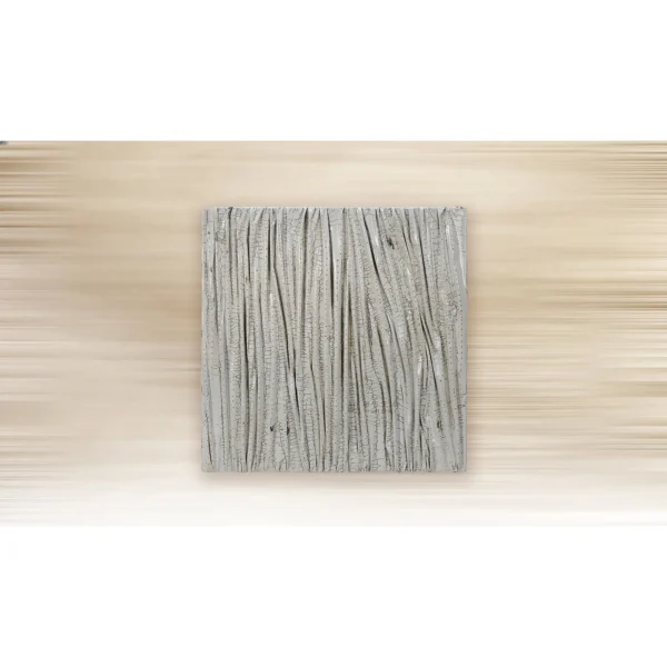 Silver Bark Texture Relief, 100 x 100 cm in silver — in a room setting