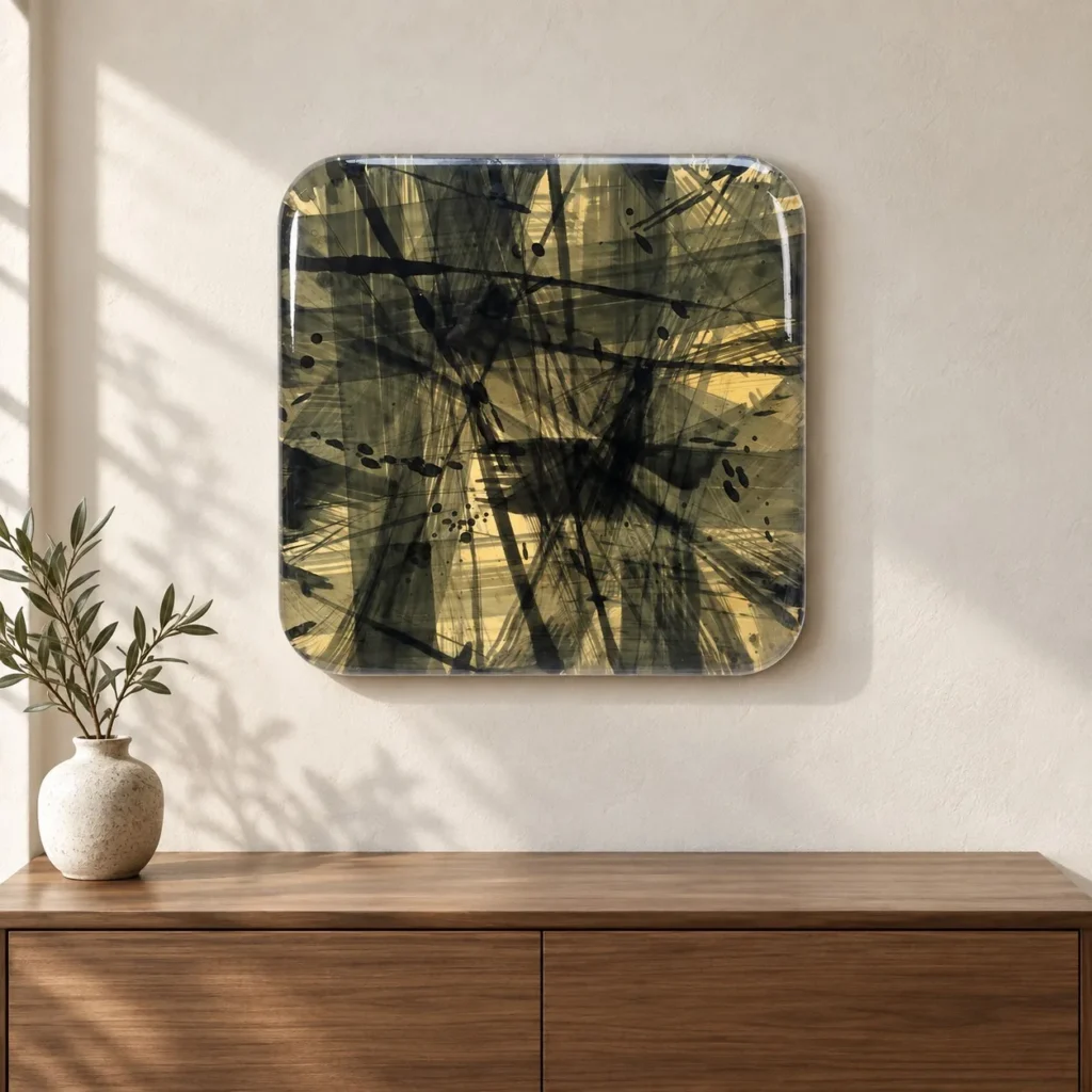 Black Ink Brush Glazed Slab, 60 x 60 cm in black — front view