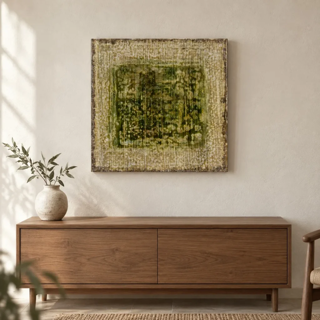 Green Crackle Glazed Slab with Pale Border, 60 x 60 cm in olive — front view