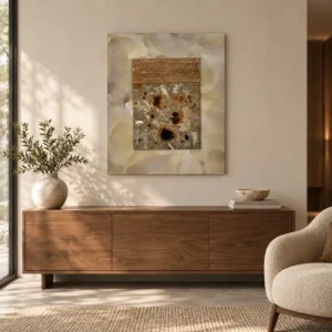Rust Speckled Panel on Marbled Cream, 70 x 85 cm in oatmeal — front view